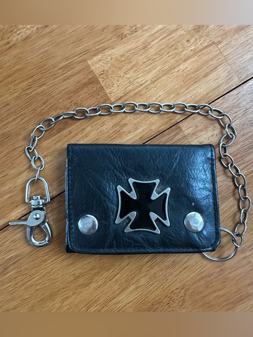 Vintage faux leather iron cross trifold wallet with chain